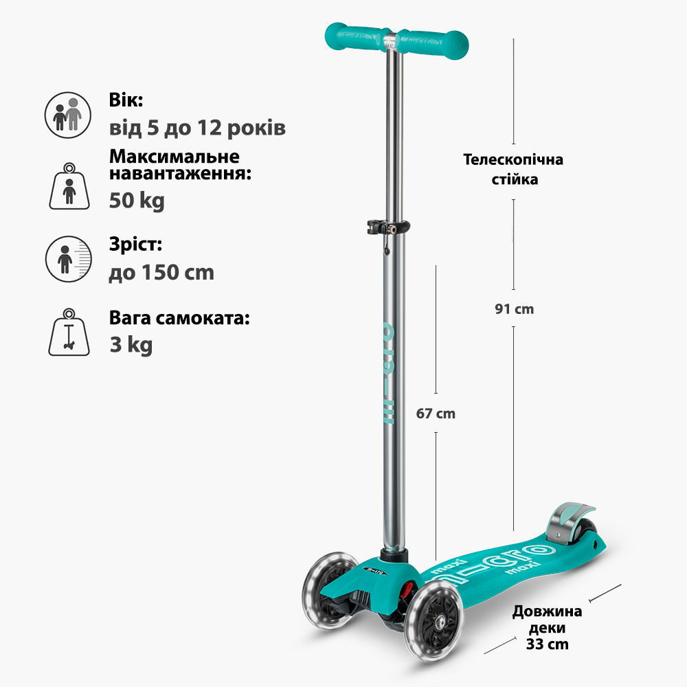 Самокат дитячий триколісний Micro Maxi Deluxe Glow LED з підсвіткою Бірюзовий — превʼю 3