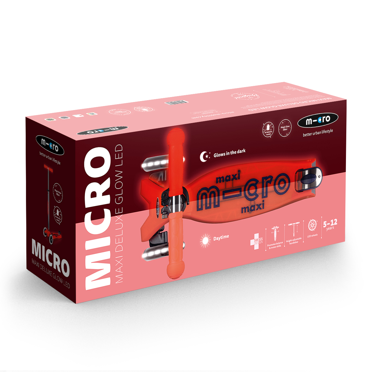 Самокат триколісний дитячий Micro Maxi Deluxe Glow LED зі світловими колесами Червоний — превʼю 5