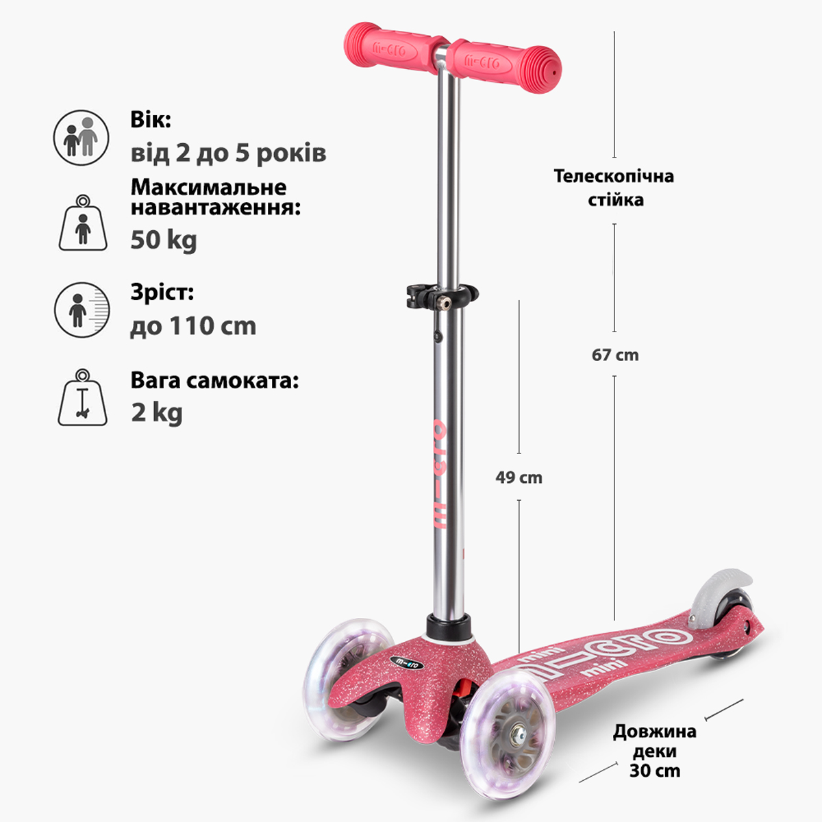 Самокат дитячий триколісний Micro Mini Deluxe Fairy Glitter LED Рожевий — превʼю 4