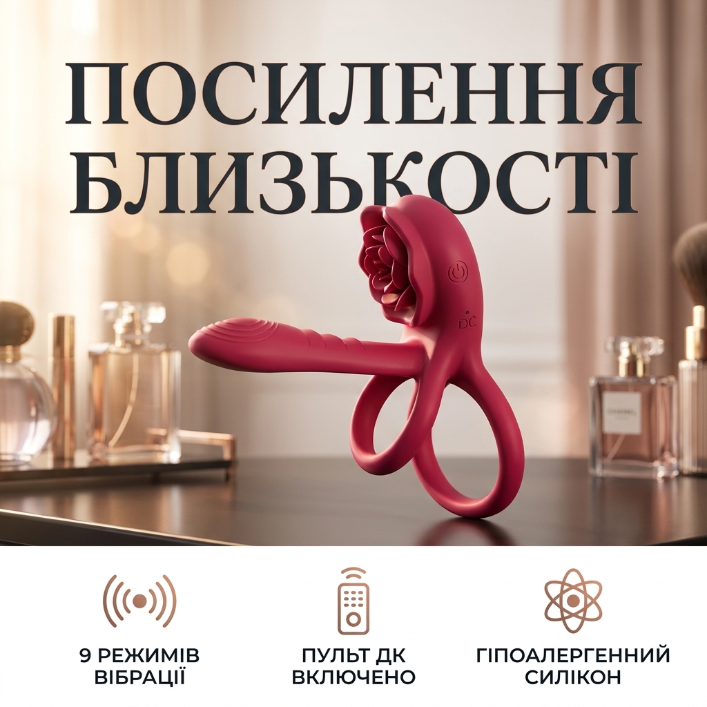 Кільце ерекційне з стимулятором клітора силіконове з вібрацією та пультом ДК 9 режимів Червоне