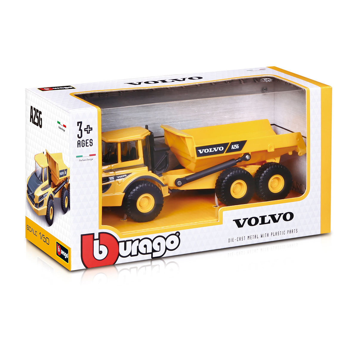 Автомодель Bburago Volvo A25G самоскид 1:50 металева жовто-чорна — превʼю 3