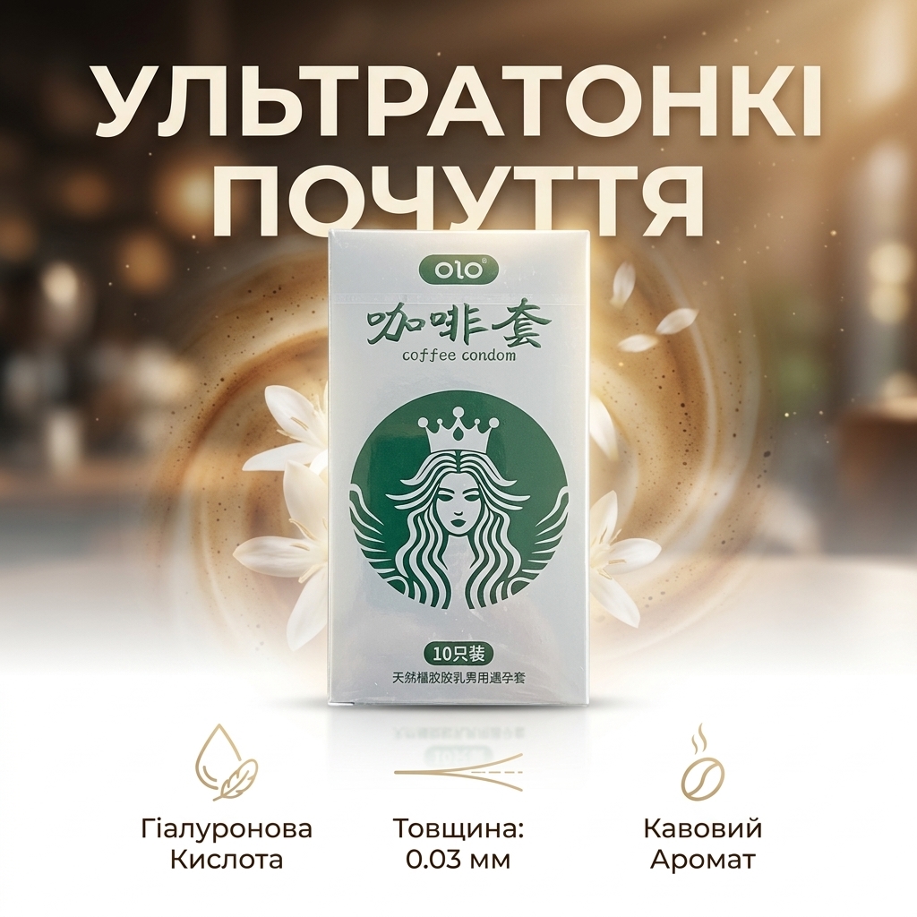 Презервативи з легким кавовим ароматом ультратонкі OLO Coffee 0,03 мм з гіалуроновою кислотою 10 шт