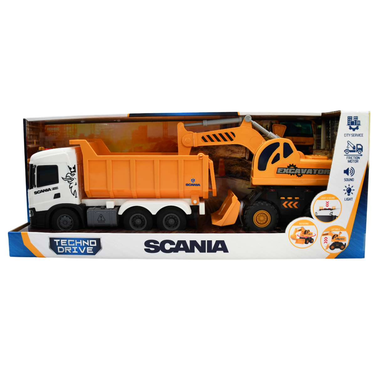 Ігровий набір спецтехніки 2 в 1 Самоскид Scania та екскаватор TechnoDrive