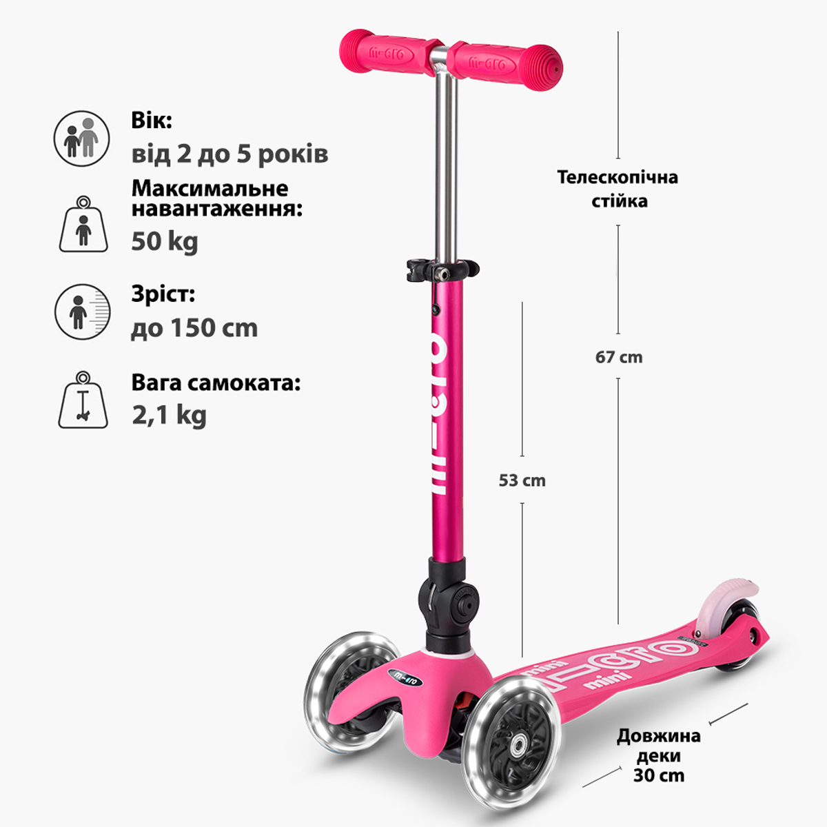 Самокат складаний дитячий MICRO Mini Deluxe Foldable LED з підсвіткою Рожевий — превʼю 3