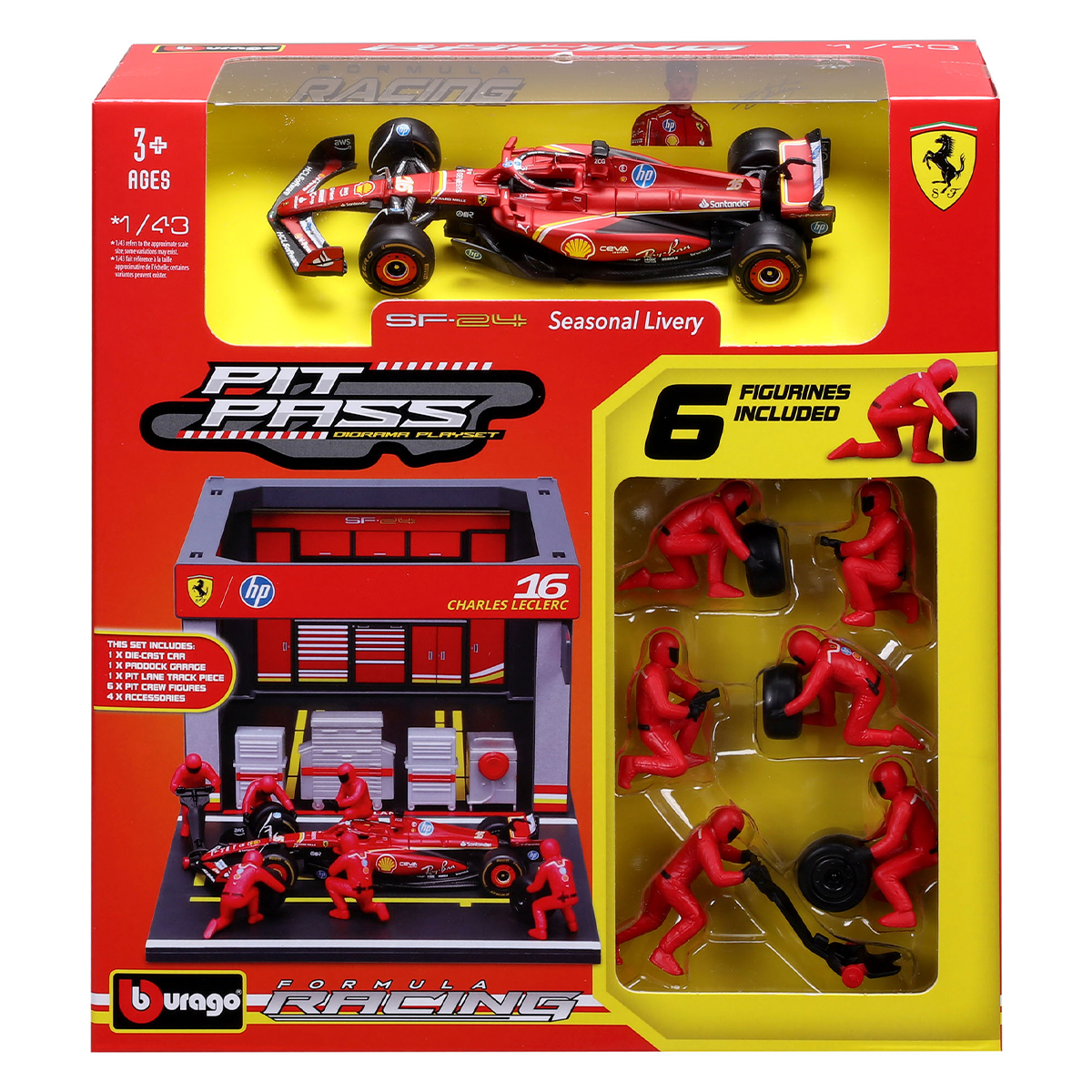Ігровий набір Pit Pass Ferrari SF-24 Bburago з болідом та механіками 1:43 — превʼю 1