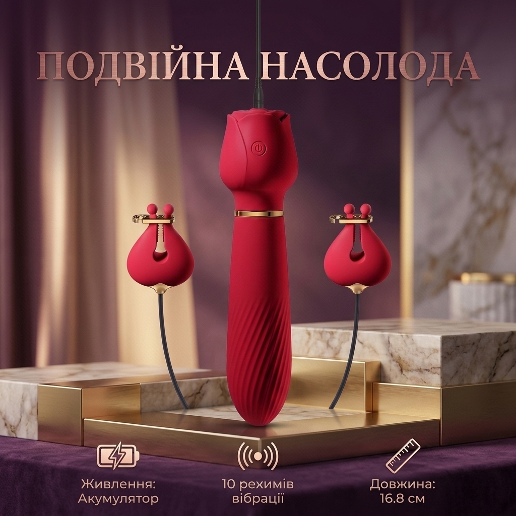 Силіконовий вібратор з вібро-затискачами для сосків 16.8 см 10 режимів Рожевий