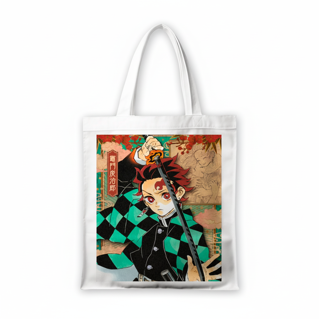 Сумка-шопер Клинок який знищує демонів Demon Slayer: Kimetsu no Yaiba Танджіро Камадо 39x35 см біла з льону 26773