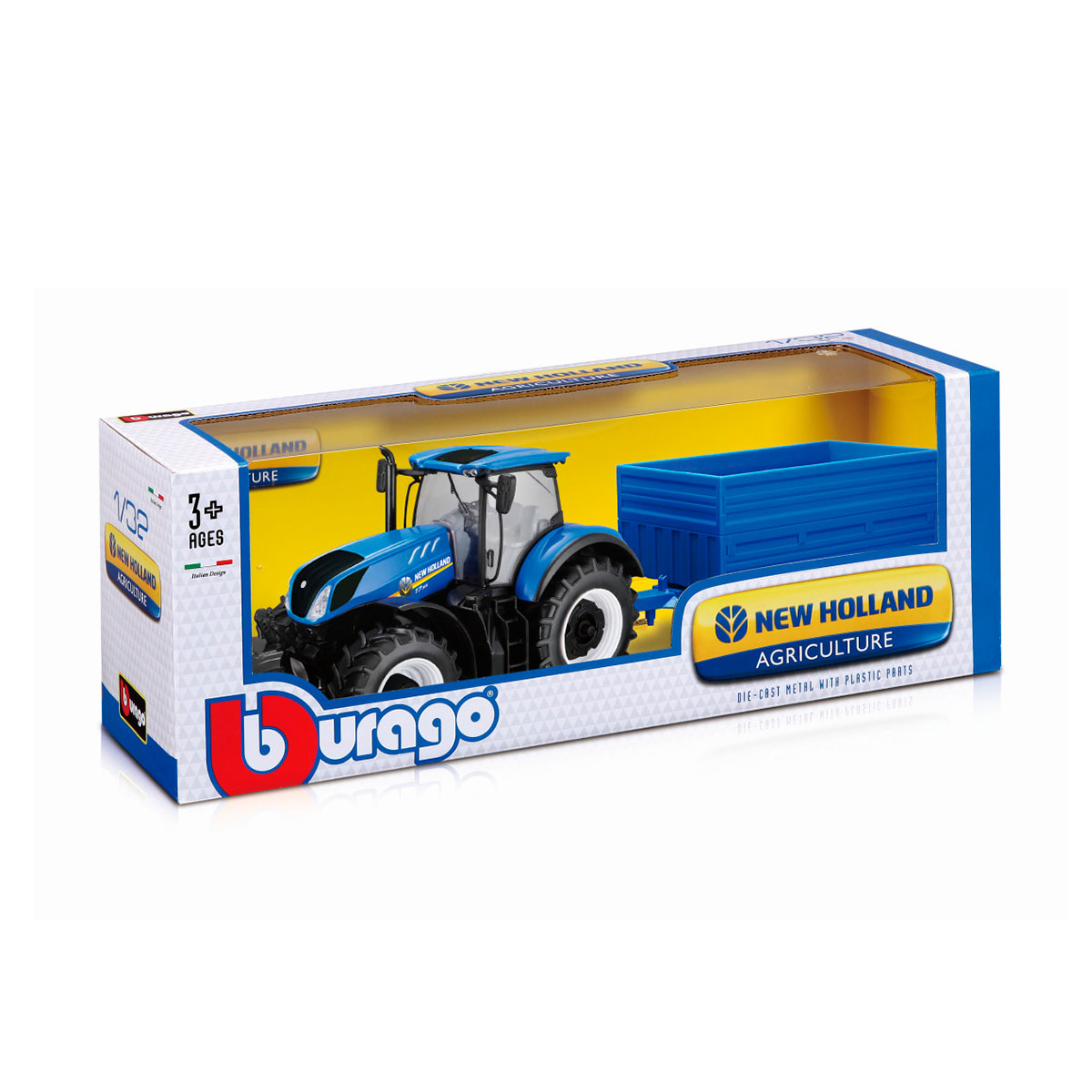 Трактор Bburago New Holland з причепом 1:32 синій — превʼю 2