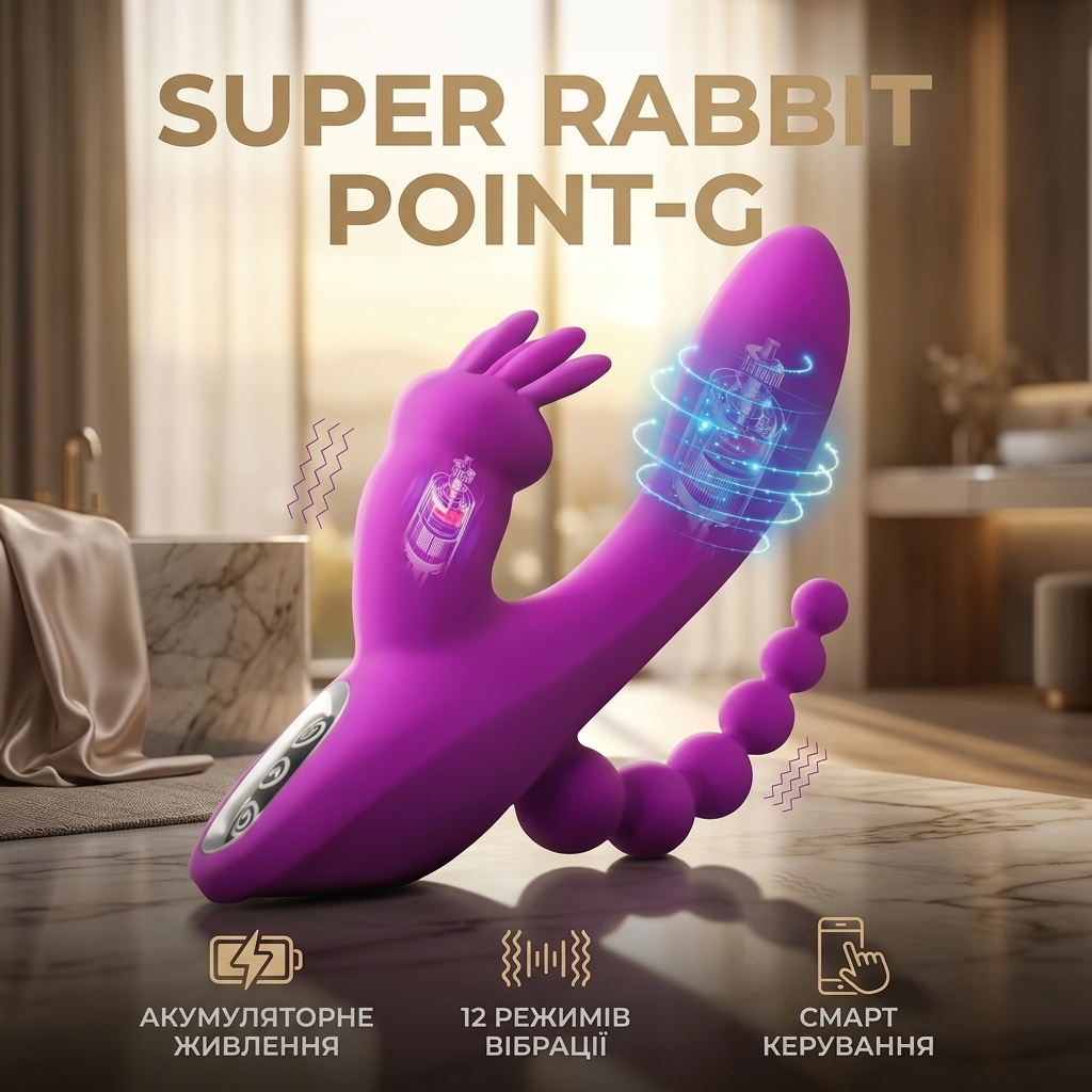 Вагінально-анальний вібратор для точки G Super Rabbit силіконовий 20.5 см Фіолетовий