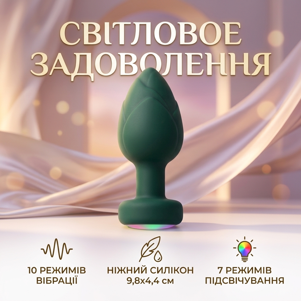 Силіконова анальна пробка з вібрацією та підсвіткою Light Anal Plug 3,5x9 см зелена