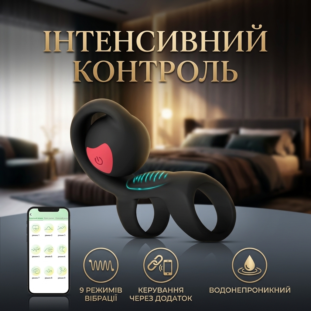 Кільце ерекційне силіконове Smart на член для пар з вібрацією та додатковою стимуляцією 40 мм Чорне