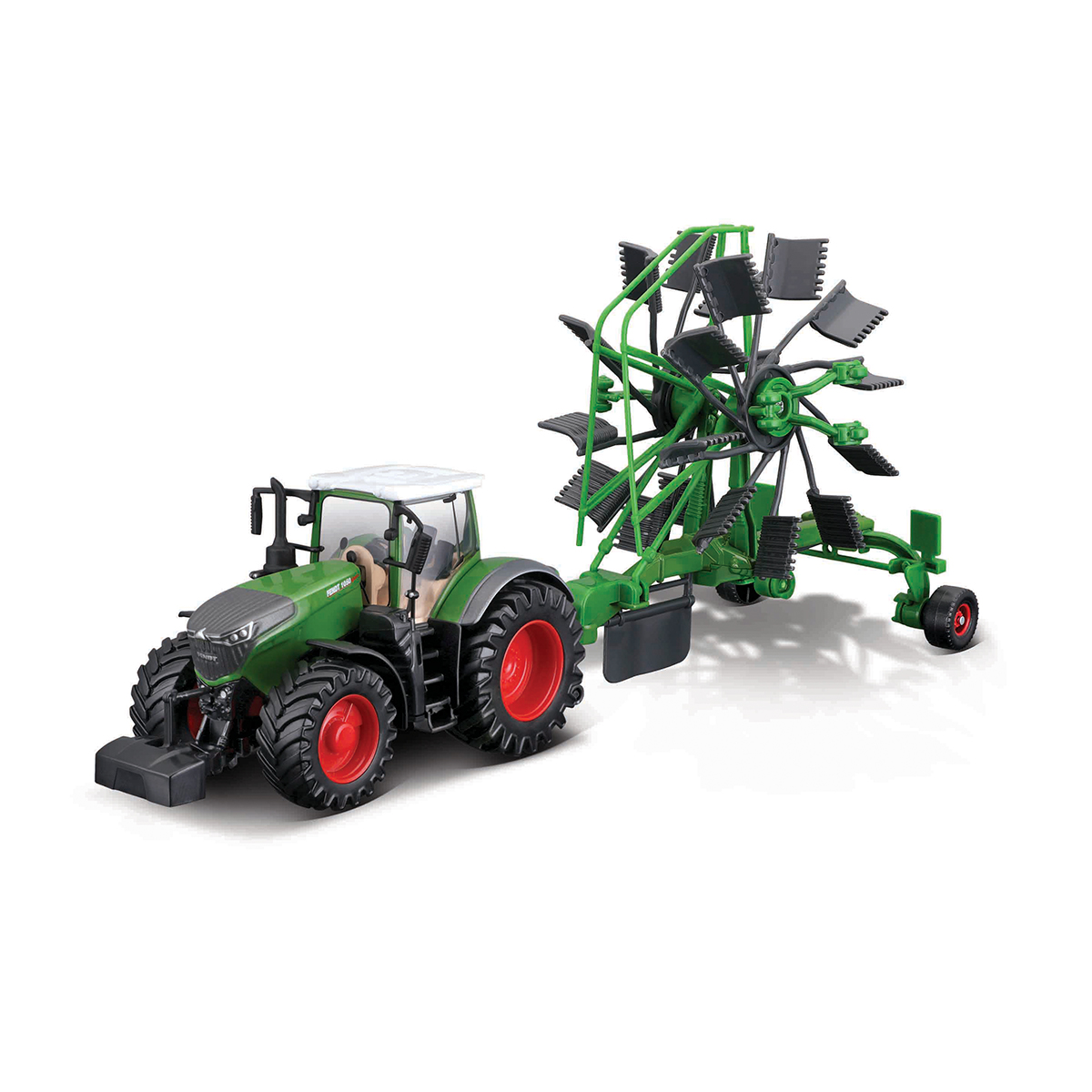 Трактор Bburago Fendt 1050 Vario з роторними граблями 10 см Червоно-зелений