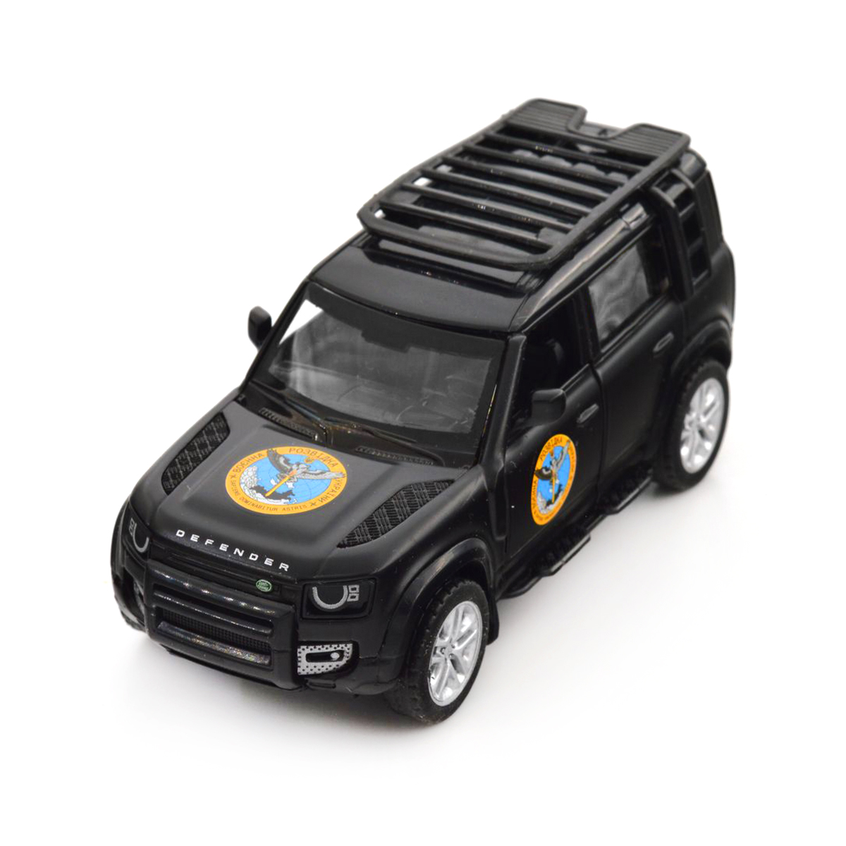 Колекційна автомодель TechnoDrive Land Rover Defender 110 ГУР МО Шеврони Героїв 1:43 — превʼю 1