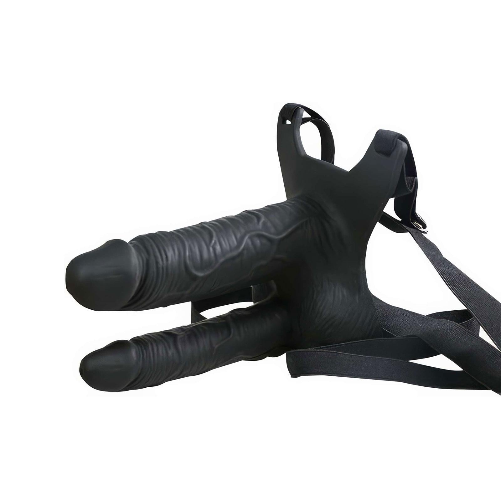 Страпон підвійний порожнистий Lovetoy Vibrating Strap On з вібрацією 10 режимів Чорний