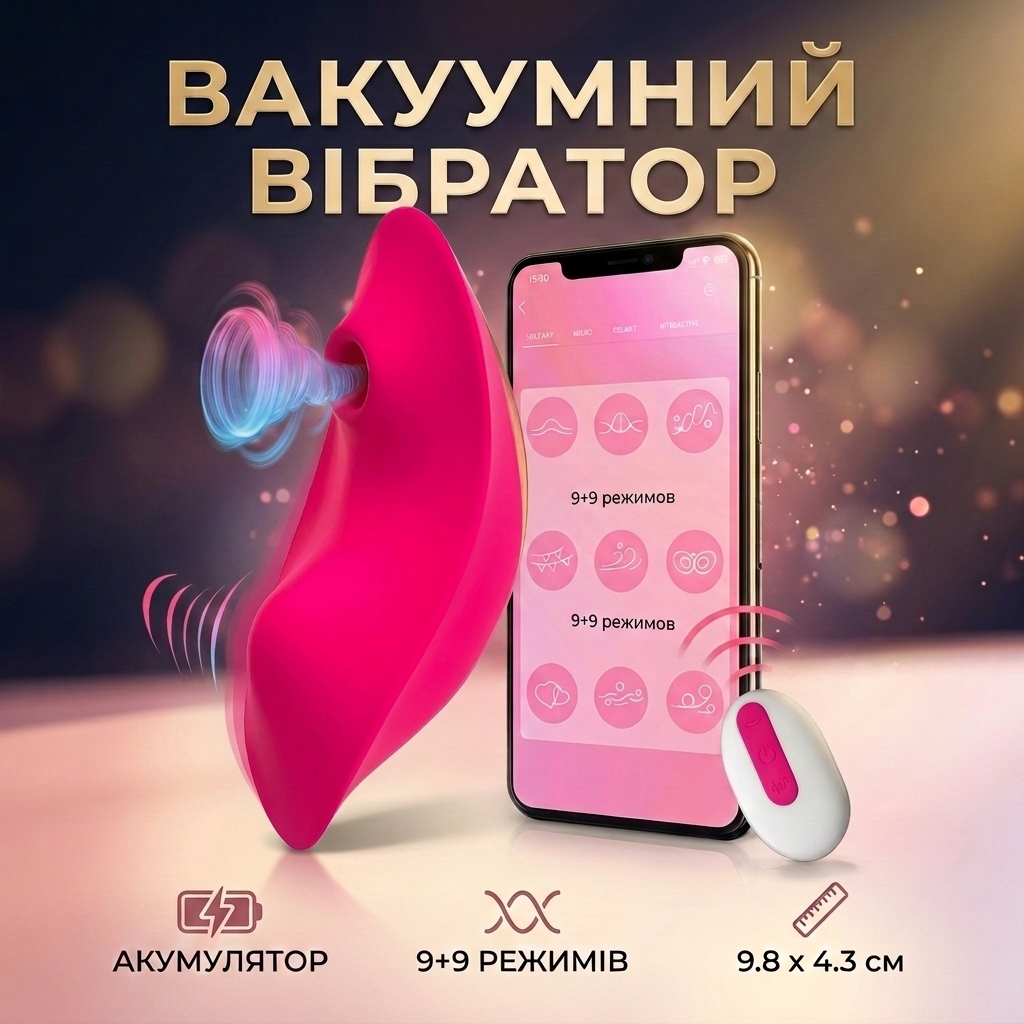 Вакуумний вібратор для клітора силіконовий 9.8 см 9+9 режимів Рожевий