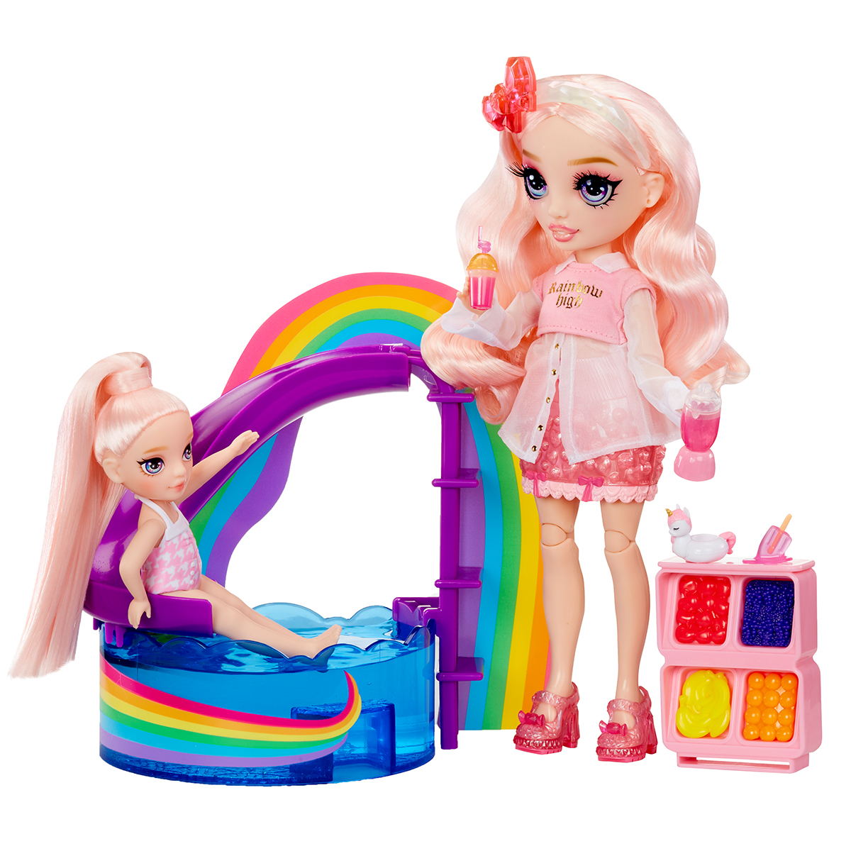 Ігровий набір Rainbow High Littles Веселкове свято в басейні з лялькою Блаш 15 см — превʼю 10