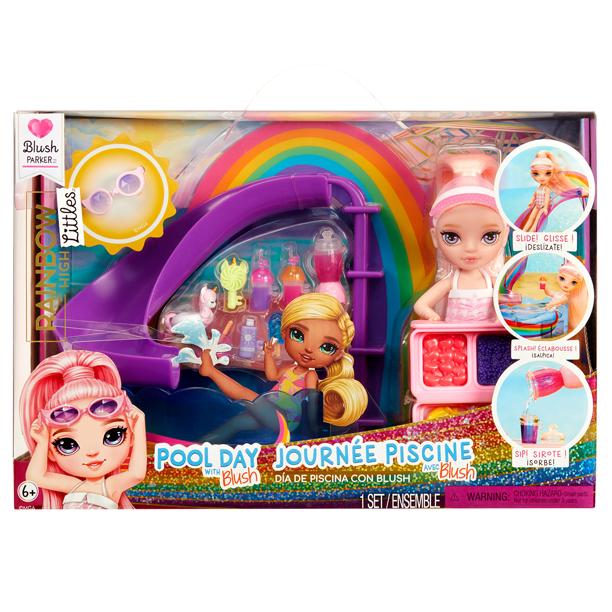 Ігровий набір Rainbow High Littles Веселкове свято в басейні з лялькою Блаш 15 см — превʼю 1