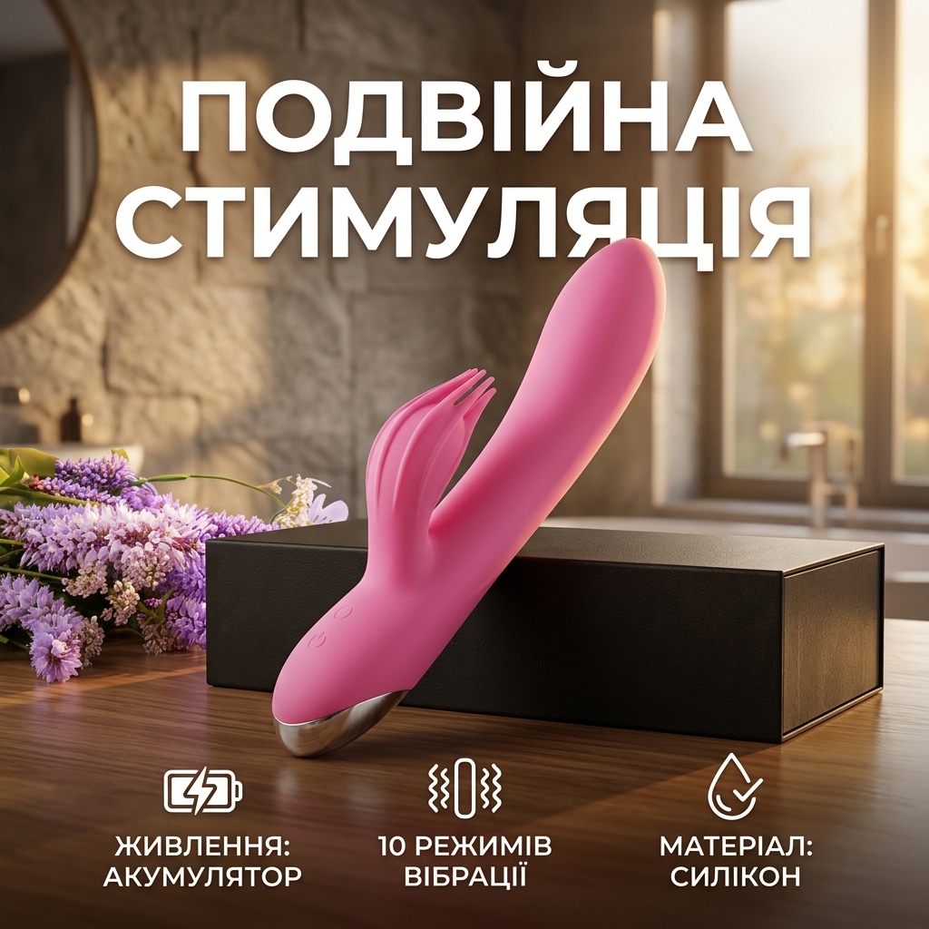 Вібратор кролик подвійний силіконовий для точки G 21 см Рожевий водонепроникний