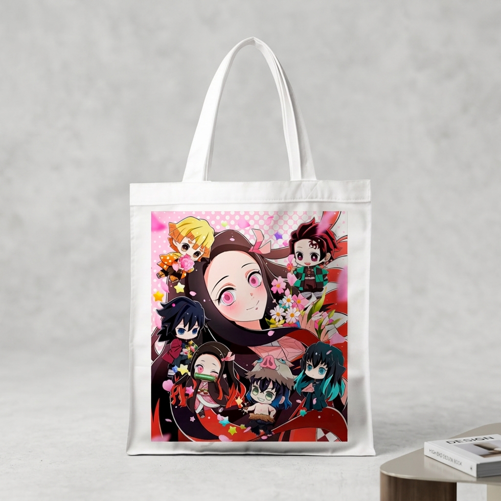 Сумка-шопер Клинок який знищує демонів (Demon Slayer: Kimetsu no Yaiba) біла з габардину (17248) — превʼю 1