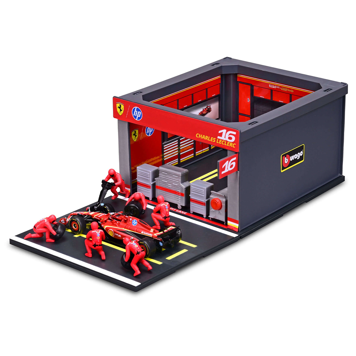 Ігровий набір Pit Pass Ferrari SF-24 Bburago з болідом та механіками 1:43 — превʼю 2