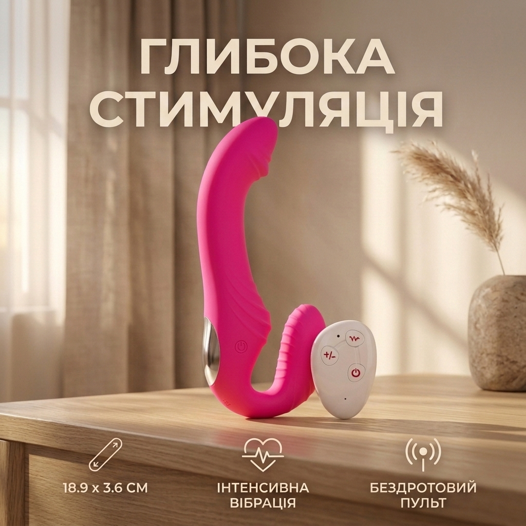 Силіконовий страпон з вібрацією та пультом для жінок 18.9x3.6 см Рожевий