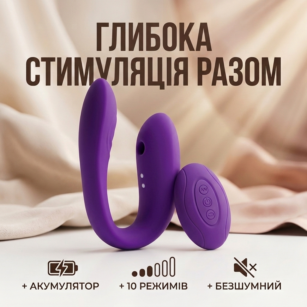 Подвійний вібратор для жінок з вакуумною стимуляцією та пультом Фіолетовий