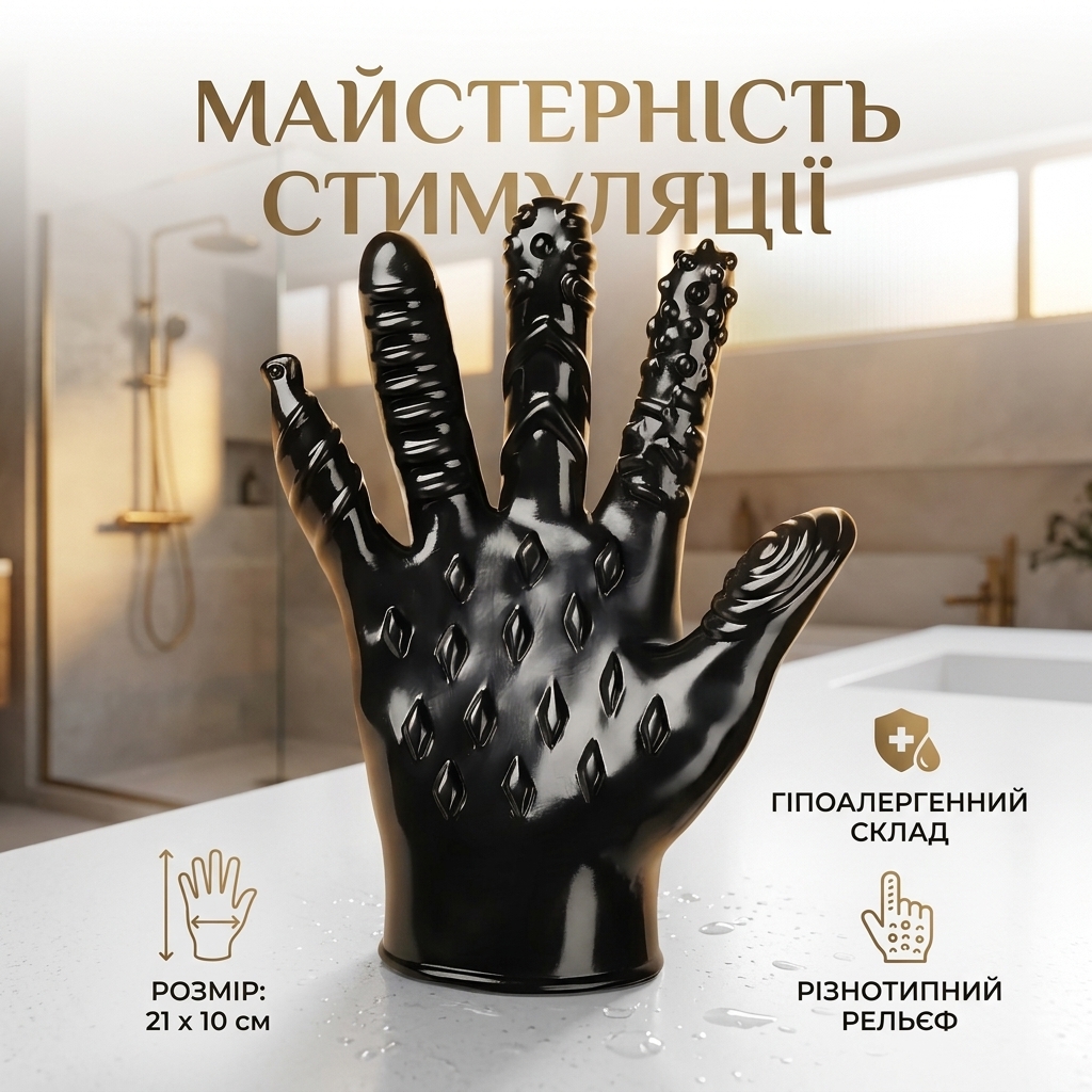 Рукавичка рельєфна силіконова для мастурбації та фістингу 21 см чорна