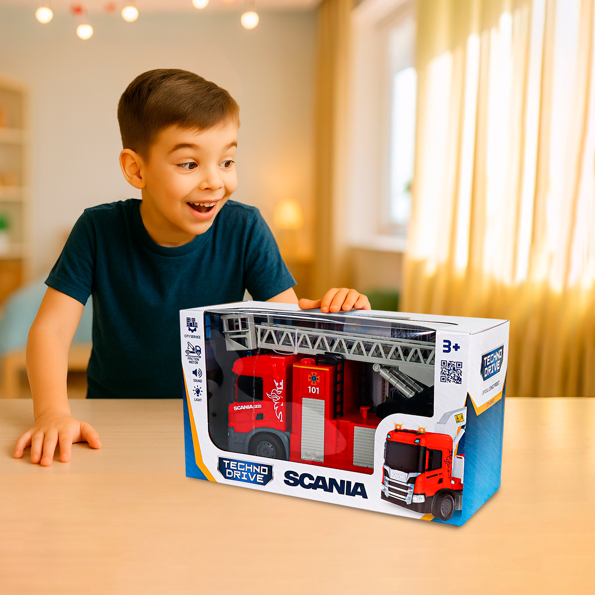 Пожежна машина Scania Techno Drive 31 см зі світлом звуком та функцією води — превʼю 2