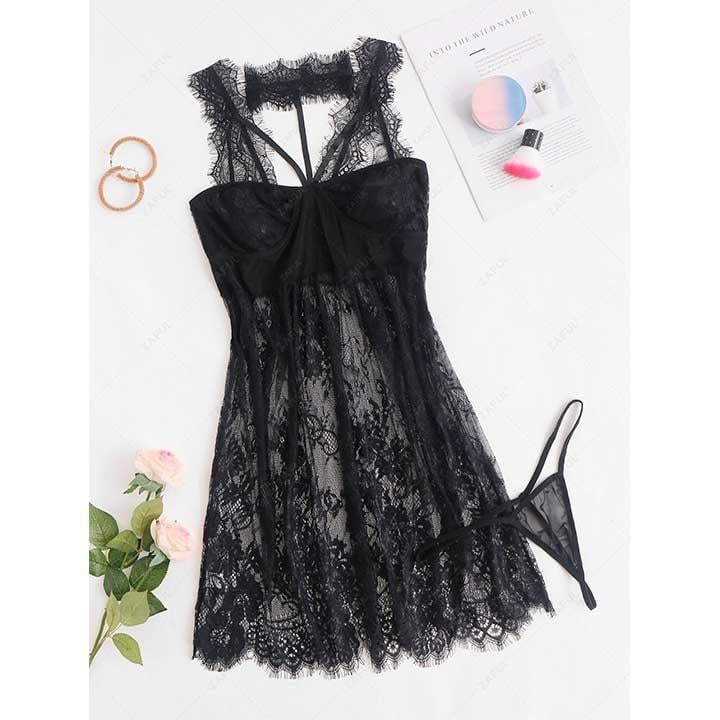 Мереживний пеньюар з чокером S/M Чорний