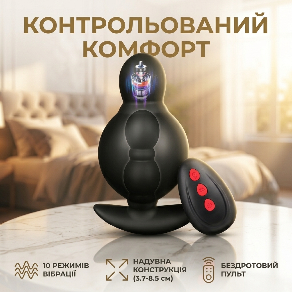 Анальна пробка надувна з вібрацією Adorime 3.7-8.5 см з пультом Чорний