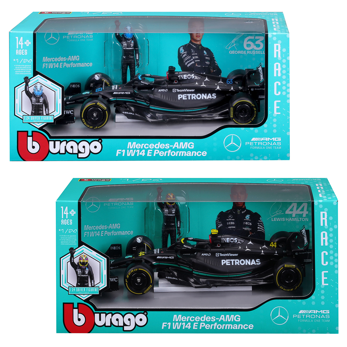 Автомодель Bburago Mercedes-AMG F1 W14 E Performance 1:24 з фігуркою Чорна — превʼю 1