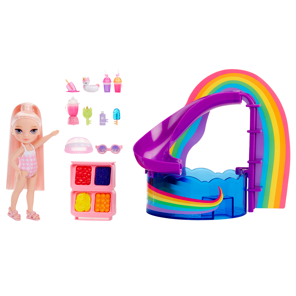Ігровий набір Rainbow High Littles Веселкове свято в басейні з лялькою Блаш 15 см — превʼю 4