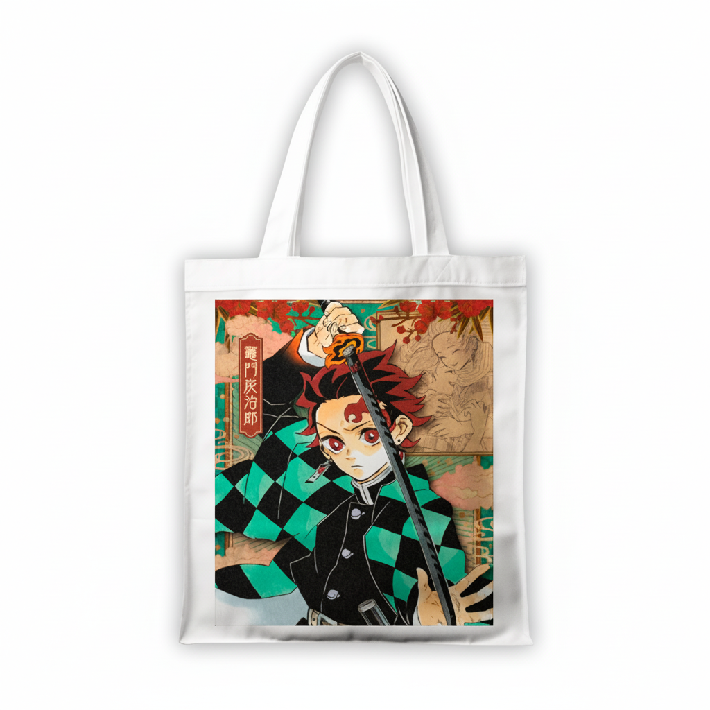 Сумка-шопер Клинок який знищує демонів Demon Slayer: Kimetsu no Yaiba Танджіро Камадо 39x35 см біла з габардину 26771