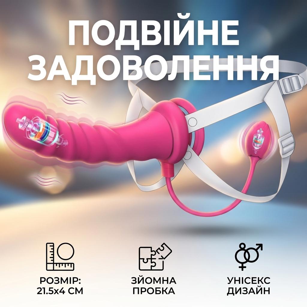 Страпон-вібратор силіконовий зі зйомною анальною пробкою 21.5x4 см Рожевий