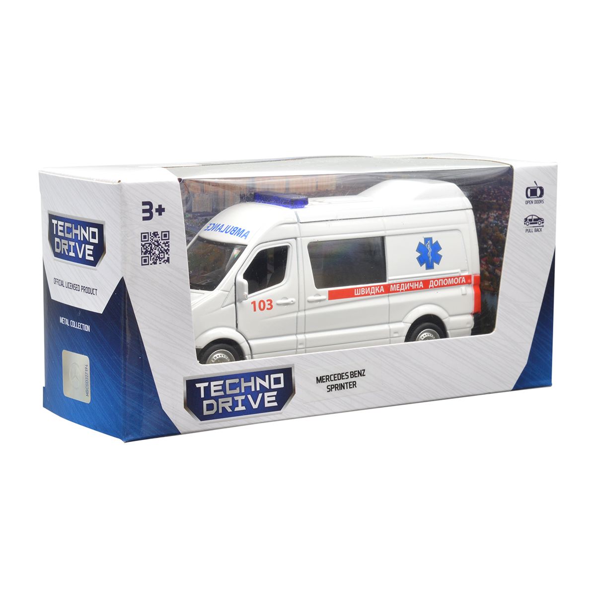 Автомодель TechnoDrive Mercedes-Benz Sprinter Швидка допомога 1:32 металева — превʼю 2