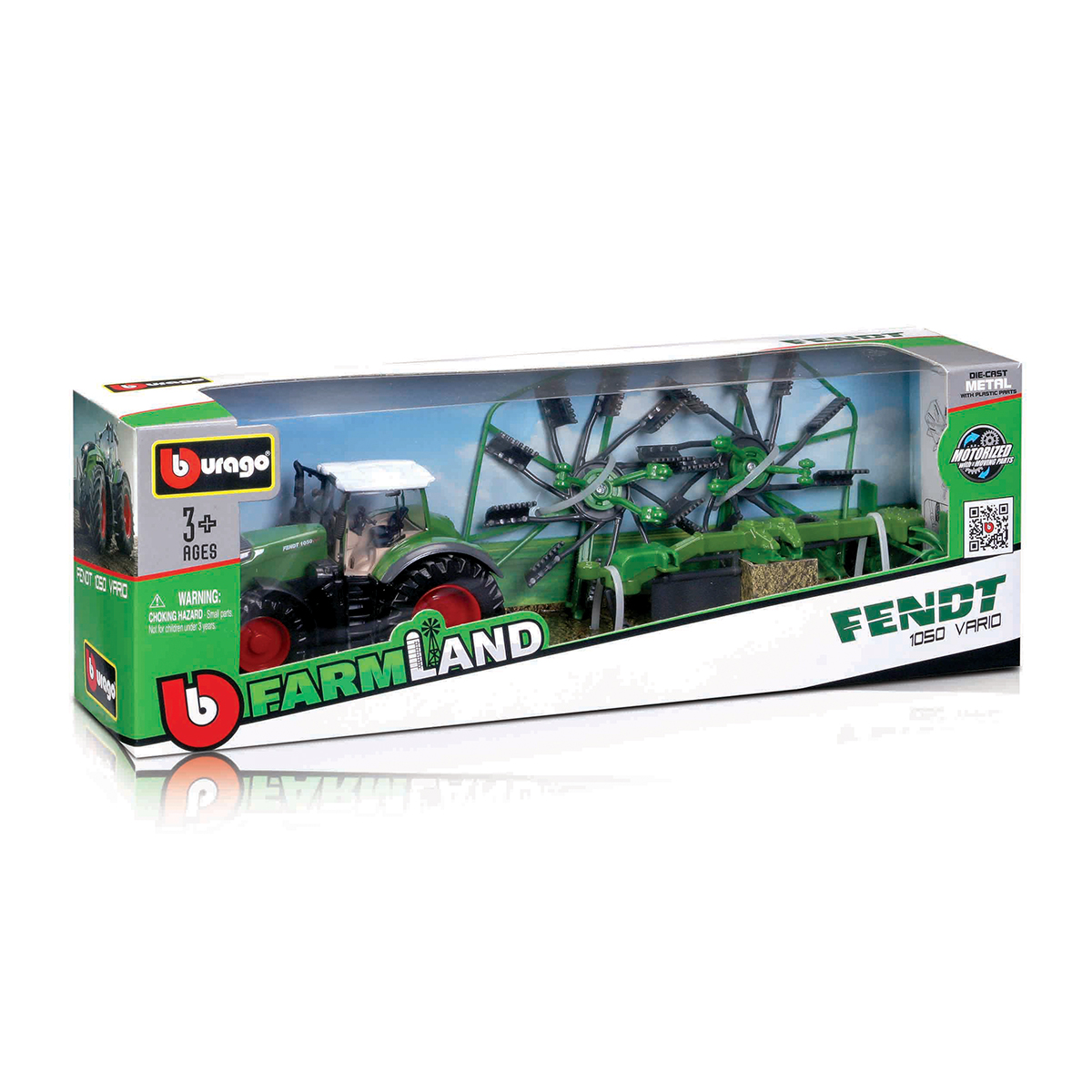 Трактор Bburago Fendt 1050 Vario з роторними граблями 10 см Червоно-зелений — превʼю 9