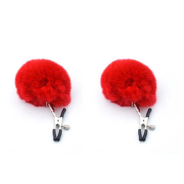 Ультрачутливі затискачі для сосків з хутром "Pom Pom Nipple Clamps" Червоний