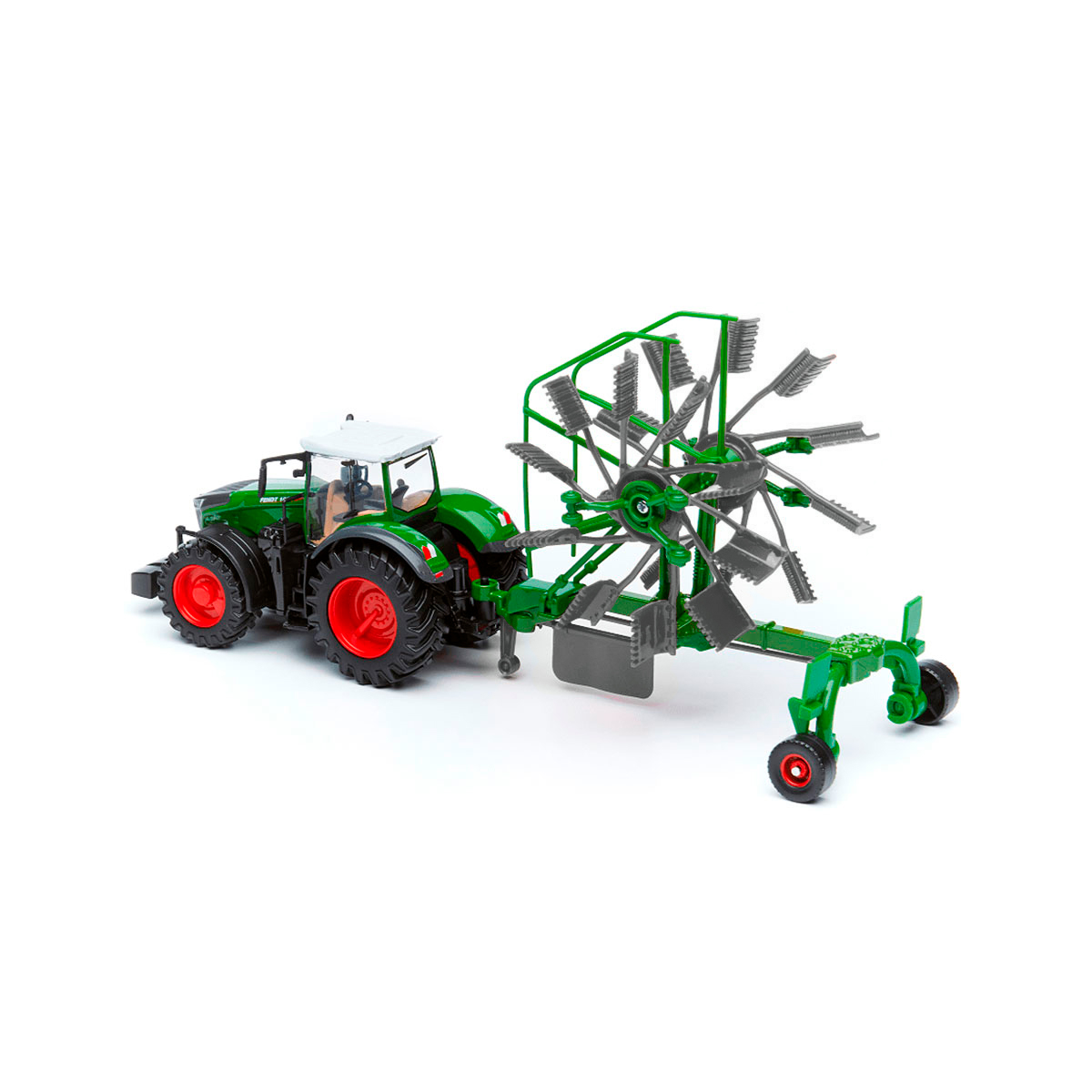 Трактор Bburago Fendt 1050 Vario з роторними граблями 10 см Червоно-зелений — превʼю 3