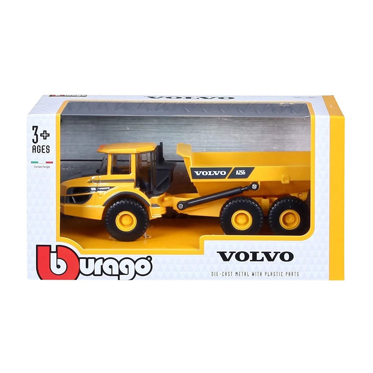 Автомодель Bburago Volvo A25G самоскид 1:50 металева жовто-чорна — превʼю 2